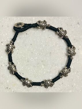 Black Braided Bracelet with Silver Turtle Accents